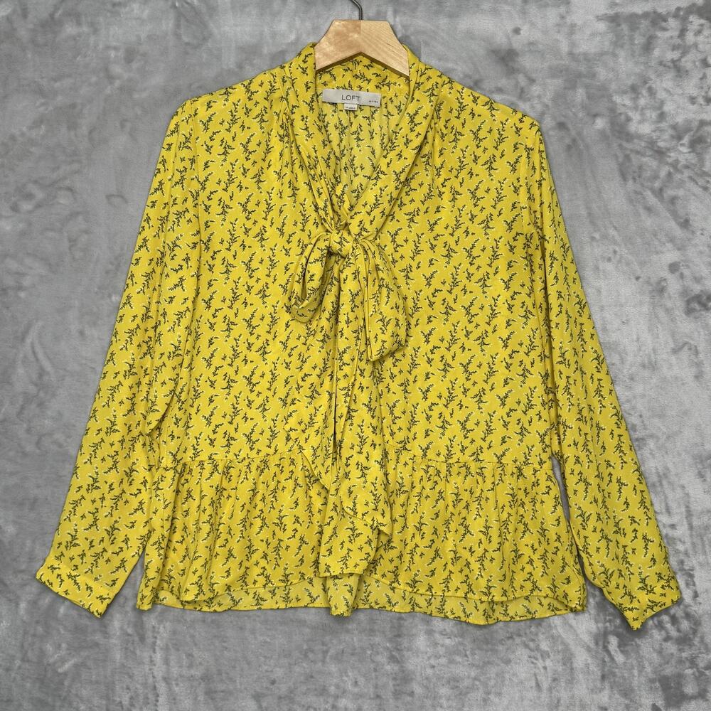 LOFT Blouse Womens Petites Small Yellow Floral Tie Neck Long Sleeve Peplum